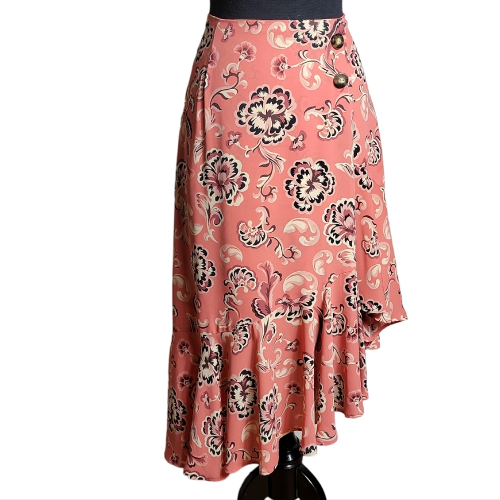 Who What Wear orange pink white paisley faux wrap skirt ruffle asymmetrical 4